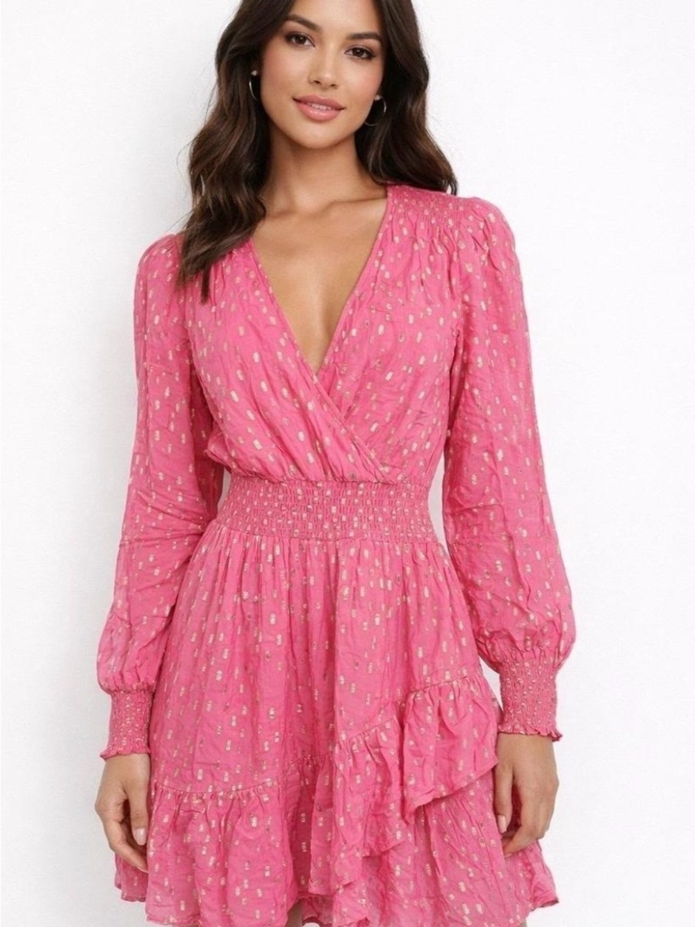 Lilly Pulitzer Christiana  Pink Long Sleeve Metallic Dot Smocked Waist Dress